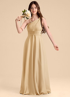 Azazie Charlize Junior Vestido de Oro de Satén Elástico de Corte en A con Plisado image6