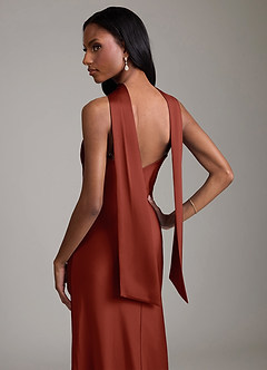 Azazie Cassiana Jurken voor bruidsmeisjes Jurk van Stretch Satijn met Zeemeermin Geplooid Terracotta image4