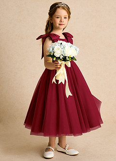 Azazie Serene Flower Girl Dresses Burgundy Ball-Gown Bow Matte Satin Dress image5