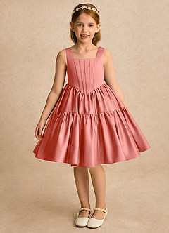 Azazie Myla Robe Demoiselle D'honneur Fillette Robe Trapèze en Mat Satiné Plissé Rose Saumon image3