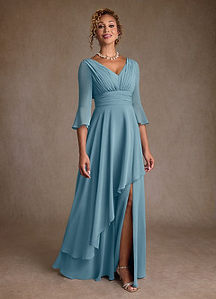 Azazie Eire Kleider für die Brautmutter A-Linie Plissee Chiffon Kleid Stimmungsvolles Blau image1
