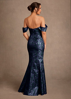Azazie Nettie Mother of the Bride Dresses Dark Navy Mermaid Off the Shoulder Jacquard Dress image3