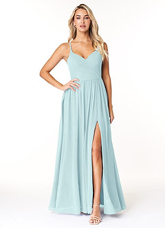Azazie Dominic Bridesmaid Dresses Sea Glass A-Line V-Neck Pleated Chiffon Dress image1
