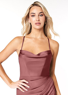 Azazie Marzia Bridesmaid Dresses Amethyst Sheath Cowl Pleated Stretch Satin Dress image6