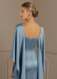 Azazie Eli Mother of the Bride Dresses Dusty Blue Sheath Boatneck Stretch Satin Dress image6