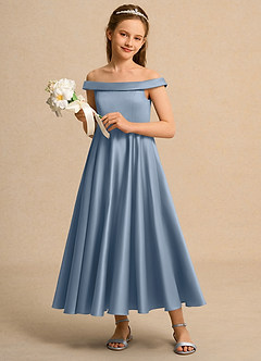 Azazie Teeny Junior Formal Jurken voor bloemenmeisjes A-Lijn Jurk van Mat Satijn Geplooid Stoffig Blauw image4