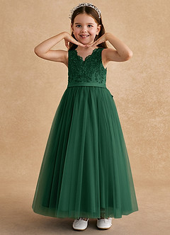 Azazie Cinna Flower Girl Dresses Dark Green A-Line Lace Tulle Dress image5
