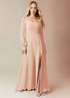 Azazie Leonia Bridesmaid Dresses English Rose A-Line Long Sleeve Chiffon Dress image3