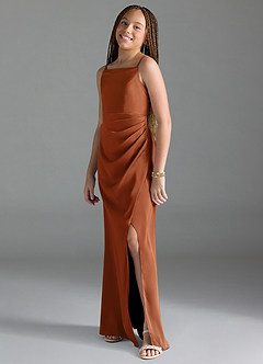 Azazie Leonis Junior Robe Trapèze en Satin extensible Plissée Cuivre image4