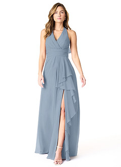 Azazie Aviv Bridesmaid Dresses Dusty Blue A-Line Pleated Chiffon Dress image1