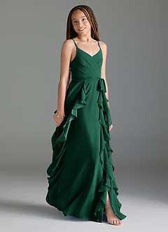 Azazie Peyton Junior Emerald A-Line V-Neck Cascading Ruffles Chiffon Dress image3
