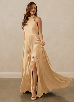 Christian Siriano Bridal for Azazie 1007 Bridesmaid Dresses Gold A-Line Pleated Stretch Satin Dress image3