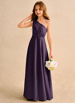 Azazie Puddles Girls Formal vestidos de niña de las flores Vestido de Ciruela de Satin Mate de Corte en A con Hombro unilateral image6