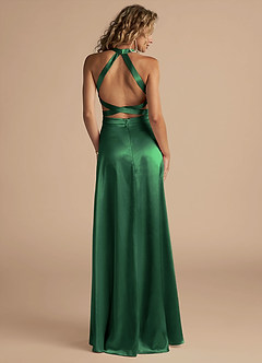 Azazie Clarice Bridesmaid Dresses Dark Green A-Line High Neck Metallic Satin Dress image2