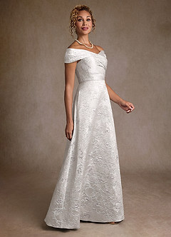 Azazie Lacey Mother of the Bride Dresses Silver Jacquard A-Line Off the Shoulder Floral Jacquard Dress image3