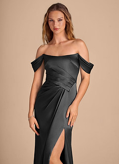 Azazie Shea Robes de demoiselle d'honneur Robe Sirène Convertible en Satiné métallisé Épaule décolletée Noir image6