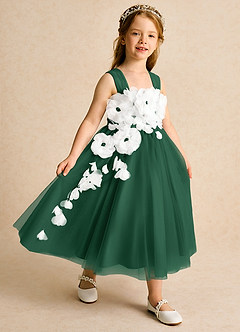 Azazie Dovey Flower Girl Dresses Dark Green Ball-Gown Bow Tulle Dress image6
