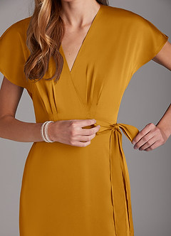 Azazie Nico Bridesmaid Dresses Butterscotch A-Line V-Neck Stretch Satin Dress image7