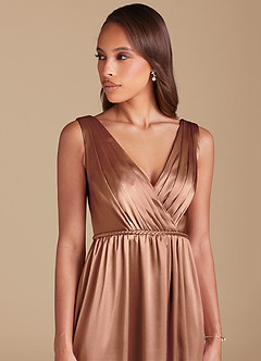 Azazie Tanicia Bridesmaid Dresses Bronzer A-Line Pleated Metallic Satin Dress image2