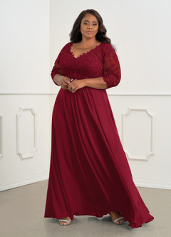 Azazie Hayek Mother of the Bride Dresses Burgundy A-Line V-Neck Lace Chiffon Dress image6
