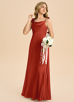 Azazie Gumdrop Junior Rust Empire Pleated Stretch Satin Dress image4