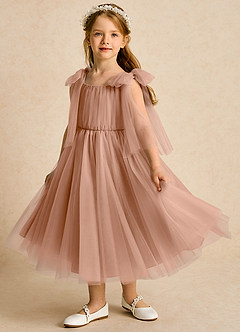 Azazie Dori Flower Girl Dresses Champagne Rose A-Line Ruched Tulle Dress image5