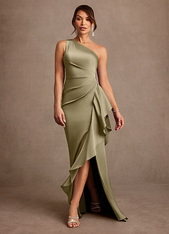 Azazie Yvette vestidos de madre de la novia Vestido de Musgo Verde de Satén Elástico de Corte Recto con Hombro unilateral image3