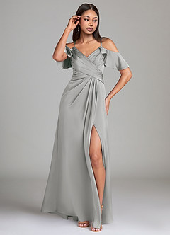 Azazie Dakota Bridesmaid Dresses Silver A-Line Off the Shoulder Stretch Satin Dress image4