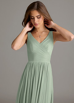 Azazie Keyla Bridesmaid Dresses Dusty Sage A-Line Pleated Mesh Dress image7