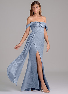 Azazie Amyra 신부 들러리 드레스 인어 오프 더 숄더 플로럴 번아웃 바닥 길이 드레스 image4