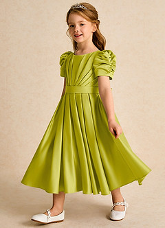 Azazie Miriam Flower Girl Dresses Lemongrass Ball-Gown Pleated Matte Satin Dress image7