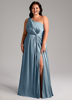 Azazie Brooke Vestidos de damas de honor Vestido de Azul Polvoriento de Satén Elástico de Corte en A con Hombro unilateral image8