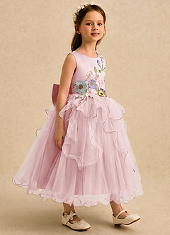 Azazie Savannah Flower Girl Dresses Powder Pink Ball-Gown Lace Tulle Dress image4