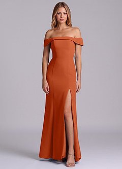 Azazie Luciana Robes de demoiselle d'honneur Robe Fourreau Convertible en Mousseline de soie Épaule décolletée Orange Brûlée image1