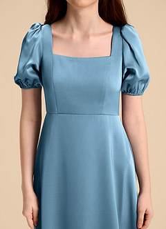 Azazie Briar Junior Abito A-Line in Raso Elasticizzato Fiocco Blu Acciaio image8