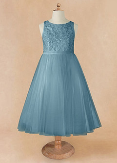 Azazie Calla Flower Girl Dresses Moody Blue Ball-Gown Lace Tulle Dress image7