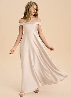 Azazie Sissy Junior Abito A-Line in Raso Elasticizzato a Spalla Scoperta Alabastro Bianco image5