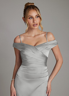 Azazie Teyana Bridesmaid Dresses Silver Sheath Off the Shoulder Stretch Satin Dress image3