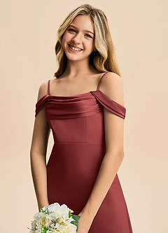 Azazie Lettie Junior Jurk van Stretch Satijn met A-Lijn Off-shoulder Terracotta image5