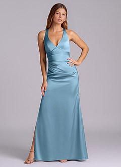 Azazie Amelie Vestidos de damas de honor Vestido de Azul Acero de Satén Elástico de Corte en A con Plisado image5