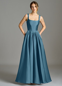 Azazie Verina 신부 들러리 드레스 A라인 주름진 스트레치 새틴 바닥 길이 드레스 image3