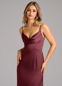 Azazie Aimee Vestidos de damas de honor Vestido de Merlot de Satén Elástico de Corte en A con Escote de Corazón image5