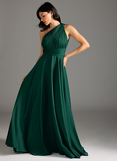 Azazie Charlize Bridesmaid Dresses Emerald A-Line One Shoulder Stretch Satin Dress image5