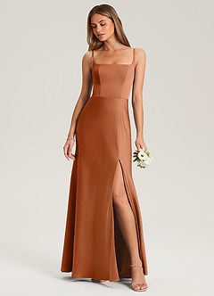 Azazie Lidia Bridesmaid Dresses Copper Mermaid Side Slit Stretch Satin Dress image1