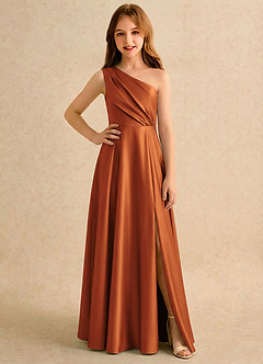 Azazie Puddles Girls Formal Robe Demoiselle D'honneur Fillette Robe Trapèze en Satin extensible Une épaule Cannelle image1