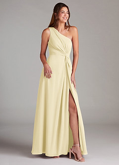 Azazie Brooke Vestidos de damas de honor Vestido de Sorbete De Limón de Gasa de Corte en A con Hombro unilateral image4