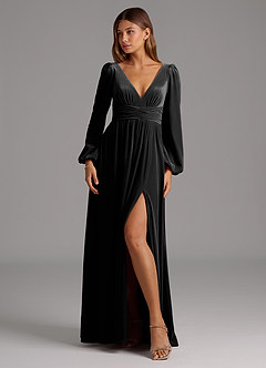 Azazie Norah Bridesmaid Dresses Black A-Line Long Sleeve Velvet Dress image1