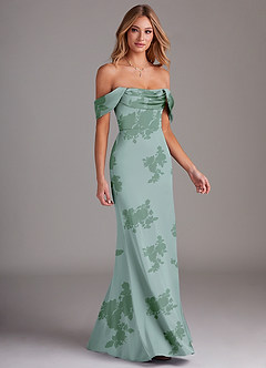 Azazie Saige Robes de demoiselle d'honneur Robe Fourreau en Satin extensible Épaule décolletée Fleurs De Sauge Poussiéreuse image6