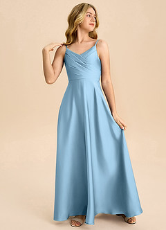 Azazie Bug Junior A라인 주름진 스트레치 새틴 플로어 길이 주니어 신부 들러리 드레스 image4