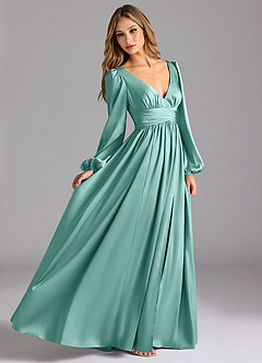 Azazie Norah Bridesmaid Dresses Aqua A-Line Stretch Satin Dress image3